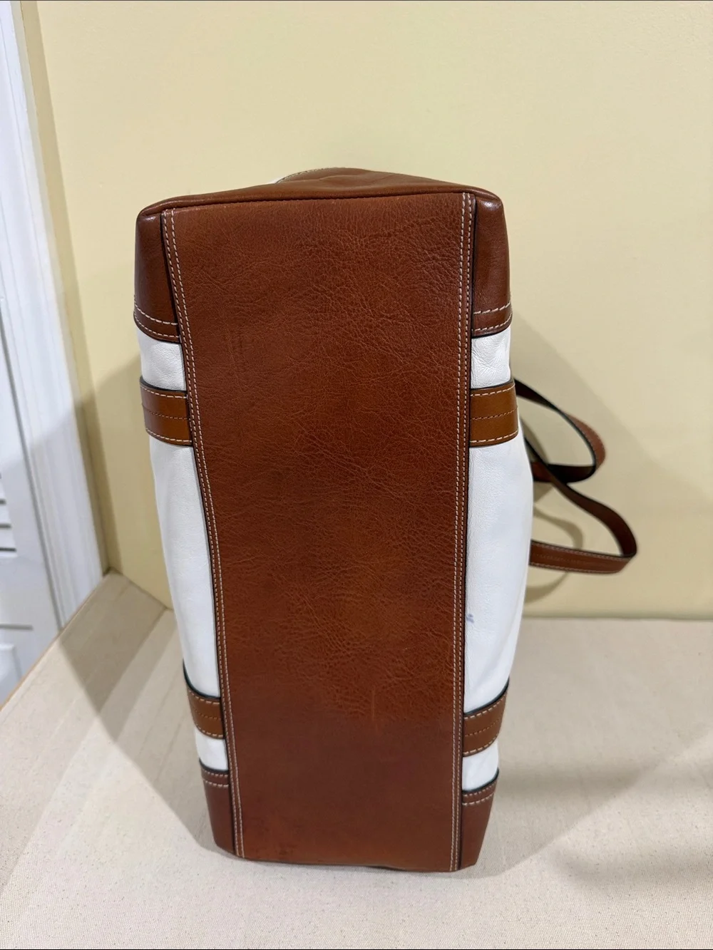 Coach White Leather Tote with Brown Trim and Straps Moms,work, Business Handbag